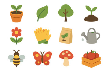 Garden Tools Icons. Garden apple crate set icons in modern isometric flat : plant pot, eco leaf, tree, sprout, flower, gloves, seed packet, watering