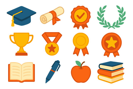 Graduation Icons Collection. Basic graduation cap in modern flat vector : graduation cap, diploma scroll, certificate badge, laurel wreath, trophy,