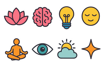 Mind Clarity Icons. Mind clarity symbols in modern flat vector : lotus flower, brain, light bulb, calm face, meditation pose, single eye, cloud with