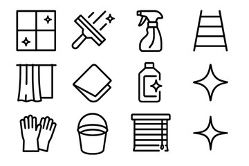 Window Cleaning Icons. Glass and window wipe icons in outline style: window pane, squeegee, spray bottle, ladder, curtain, folded rag, glass cleaner,