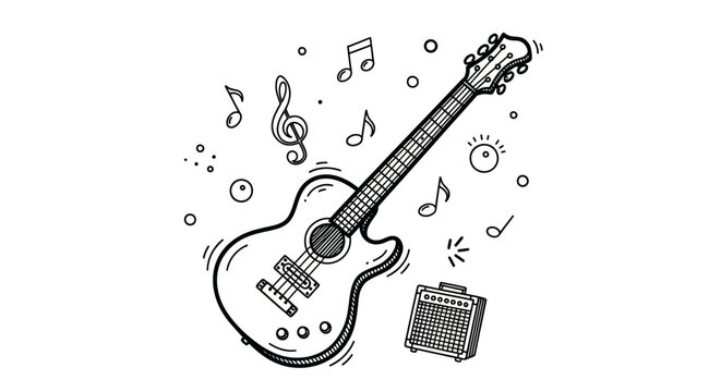 Hand-Drawn Acoustic Guitar with Musical Notes and Amp.