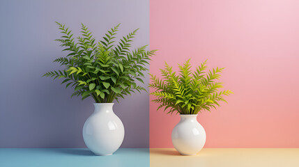 Two white vases with green plants on colorful pink, blue, and yellow background