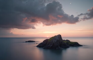 Obraz premium Rocky sea stacks emerge from calm ocean water at sunset with clouds and crescent moon visible in twilight sky. Gentle waves lap rocky shorelines, reflecting soft pastel colors.