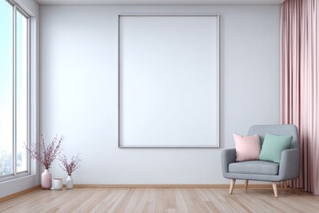 A modern, minimalist living area with a large blank framed canvas and pastel-colored accents presents a serene and inviting space.