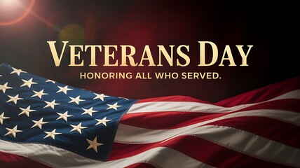 American flag waving with Veterans Day text and golden light flare holiday united states