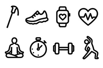 Outdoor Fitness Icons. Fitness outdoors icons in outline style: hiking stick, running shoe, smartwatch, heartbeat, stopwatch, yoga pose, dumbbell,