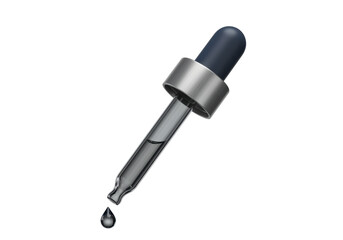 Glass dropper with dark liquid isolated on transparent background, essential oil or serum drop in PNG format for medical and cosmetic use