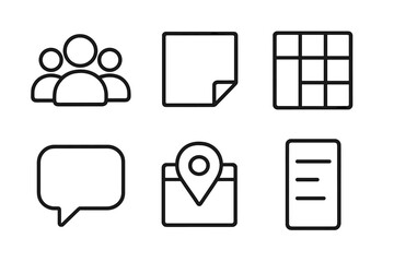 Teamwork Icon Set. Team board icons in outline style: group of people, sticky note, board grid, chat bubble, calendar marker, task column