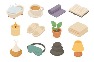 Relaxation Icon Collection. Relaxation time set icons in modern isometric flat : bubble bath, tea cup, yoga mat, open book, scented candle, slippers,