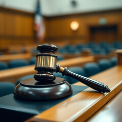 Close-up of a judge's gavel resting on a sound block in a courtroom, symbolizing justice, law, and legal proceedings.