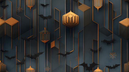Halloween geometric background with golden lanterns bats and spider webs in art deco style
