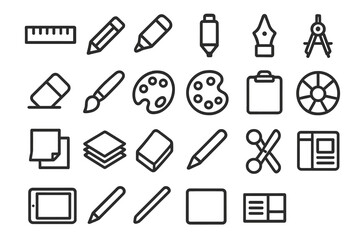 Obraz premium Design Tool Icons. Design tools icons in outline style: ruler, pencil, marker, ink pen, eraser, brush, paint palette, drafting compass, sticky notes,