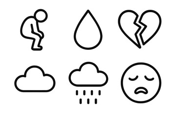 Emotional Icon Set. Emotional state icons in outline style: sad slump, tear drop, broken heart, cloud, rain, sigh face