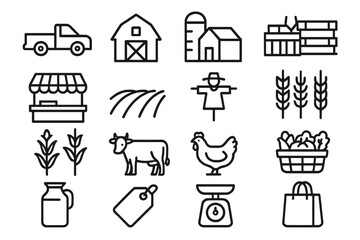 Farm Market Icons. Farm & market icons in outline style: farm truck, barn, silo, wooden crate, vendor stand, farm field, scarecrow, wheat stalks,