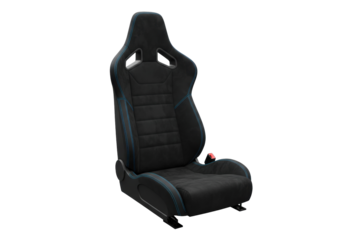 Black suede racing car seat isolated, automotive interior part for motorsport and tuning projects on a clean background