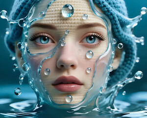 Surreal digital art of a woman’s face emerging from water, decorated with crystal-like water droplets and aquatic textures, symbolizing beauty, fantasy, and creativity.