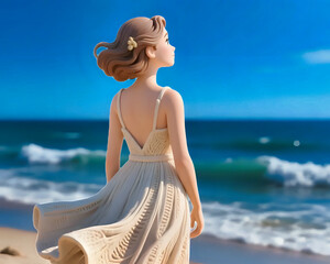 Digital artwork of a woman in a flowing white dress standing on the beach, gazing at the ocean waves, symbolizing freedom, peace, and summer elegance.