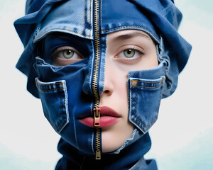 Surreal fashion portrait of a woman wearing a denim mask with zippers partially opened to reveal her face, symbolizing creativity, mystery, and avant-garde style.