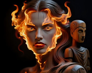 Fantasy illustration of a woman with fire-like glowing hair standing beside a wooden mannequin figure, symbolizing inner power, creativity, and surreal contrast.