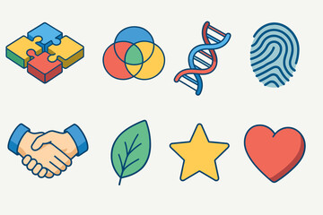 Isometric Icon Set. Objects set icons in modern isometric flat : puzzle pieces, venn diagram, DNA strand, fingerprint, handshake, leaf, star, heart