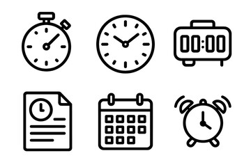Time Management Icons. Tracking hours icons in outline style: stopwatch, wall clock, digital timer, timesheet paper, calendar grid, alarm bell