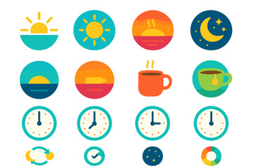 Daily Cycle Icons. Time segments in modern flat vector : sunrise, midday sun, sunset, night moon, dawn horizon, dusk horizon, morning coffee,