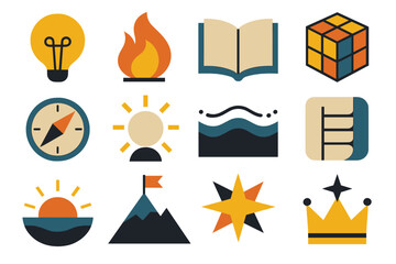Icon Set. Creative opinion chart set of icons in abstract flat : lightbulb idea, storytelling flame, open book, puzzle cube, guiding compass,
