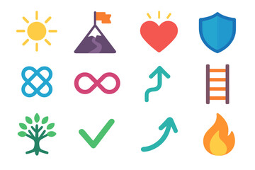 Vibrant Symbolic Icons. Symbolic action note in modern flat vector : radiant sun, mountain peak with flag, path stones, glowing heart, protective