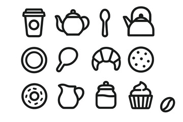 Cafe Icons Collection. Cafe reusable cup icons in outline style: coffee cup, teapot, kettle, plate, spoon, croissant, cookie, donut, milk jug, sugar