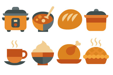 Comfort Food Icons. Comfort food set of icons in abstract flat : slow cooker, stew bowl, bread loaf, casserole dish, hot cup, mashed potatoes, roast