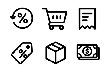 E-commerce Outline Icons. E-commerce icons in outline style: interest shift, shopping cart, receipt, discount tag, package, cash gain