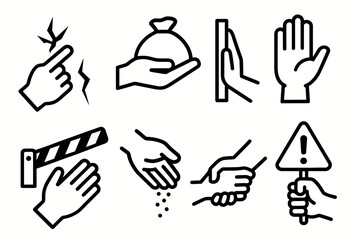 Safety Gesture Icons. Gestures icons in outline style: hand pointing at crack, hand holding sandbag, hand bracing wall, hand signaling stop, hand