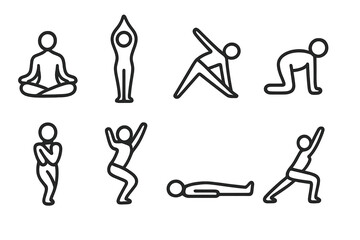 Yoga Pose Icons. Calm practice set icons in outline style: seated meditation, mountain pose, triangle pose, cat-cow, eagle pose, chair pose, corpse