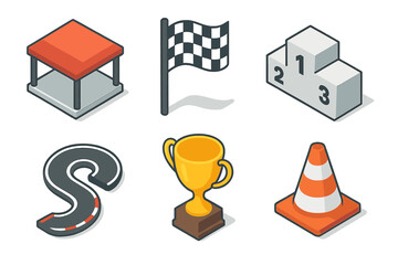 Motorsport Icons Collection. Motorsport icons set icons in modern isometric flat : paddock area, checkered flag, podium, trophy, track curve, cone