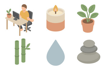 Mindful Office Icons. Mindful office set icons in modern isometric flat : meditation pose at desk, scented candle, plant pot, bamboo, water droplet,
