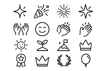 Motivation Symbol Icons. Motivation symbols icons in outline style: spark, celebration confetti, fireworks, starburst, raised hands, happy face,