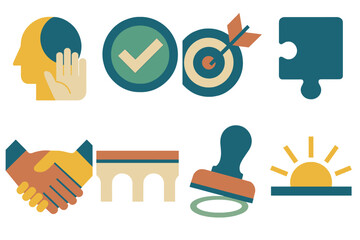 Problem Solved Icons. Problem solved set of icons in abstract flat : relief, checkmark, target dart, puzzle piece, handshake, bridge, approval stamp,