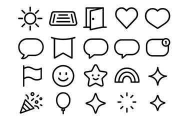 Greetings Icon Collection. Greetings icons in outline style: sun rays, welcome mat, open door, heart, hello speech bubble, welcome banner, chat