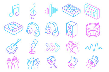 Isometric Music Icons. Music & rhythm set icons in modern isometric flat : music note, treble clef, sound wave, DJ booth, turntable, headphones,
