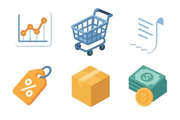E-commerce Icon Set. E-commerce set icons in modern isometric flat : price fluctuation, shopping cart, receipt, discount tag, package, cash gain