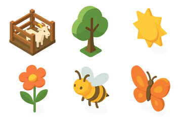 Isometric Nature Icons. Nature set set icons in modern isometric flat : goat pen, tree, sun, flower, bee, butterfly