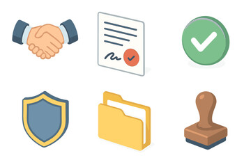 Agreement Icons Set. Agreement icons set icons in modern isometric flat : handshake, signed document, checkmark, shield, folder, stamp