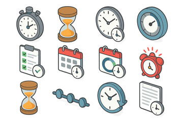 Isometric Time Icons. Basic task duration set icons in modern isometric flat : stopwatch, hourglass, wall clock, timer dial, checklist with clock,