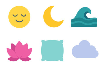 Minimalist Peace Icons. Peaceful mood in modern flat vector : soft smile face, moon crescent, calm wave, lotus flower, pillow, cloud