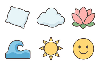 Relaxation Icon Set. Relaxation set icons in modern isometric flat : soft pillow, cloud, lotus flower, calm wave, sunshine, smile face