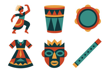 Cultural Dance Icons. Cultural dance set of icons in abstract flat : dance move, drum, tambourine, traditional dress, mask, flute