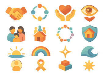 Unity Icon Set. Themes set icons in modern isometric flat : handshake, unity circle, supportive hands, empathy eyes, happy family, community house,