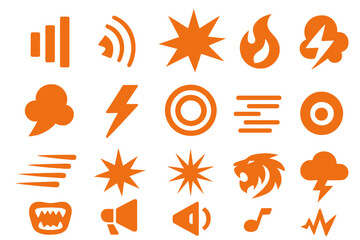 Roar Icons. Roar effects set of icons in abstract flat : sound wave, vibration lines, explosion burst, fire flame, smoke cloud, lightning bolt,