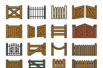 Gate Icons. Gate basics set of icons in abstract flat : wooden gate, metal gate, fence gate, swinging gate, closed gate, open gate, rustic gate,