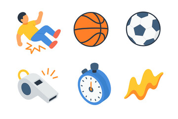 Isometric Sports Icons. Sports mishap set icons in modern isometric flat : falling back, basketball, soccer ball, whistle, stopwatch, energy wave